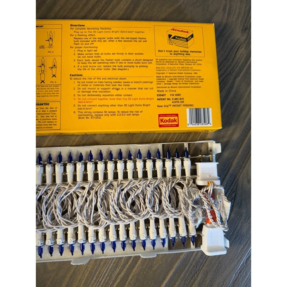 Vintage 1991 Kodak Christmas Lights 50ct Blue White Wire 24ft Add-A-Set Open Box